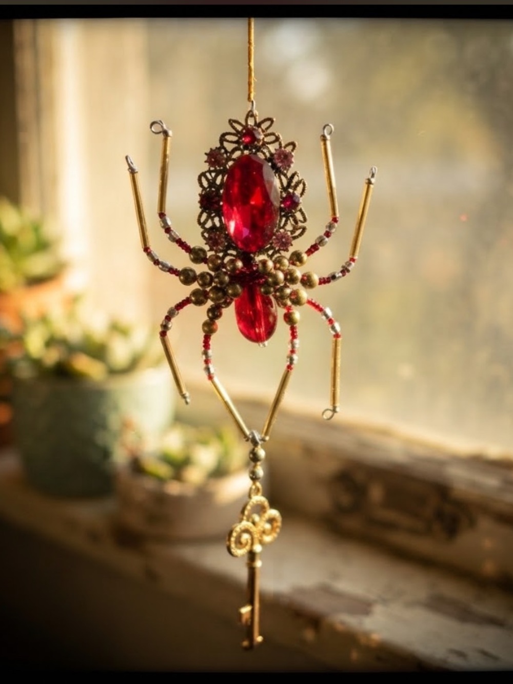 Handmade Recycled Jewelry Suncatcher Ruby Spider Vintage Key Ornament